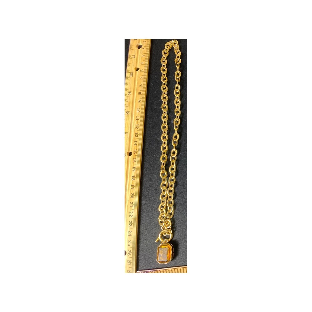 Gold Tone Chain Necklace with Square Faceted Gemstone Pendant